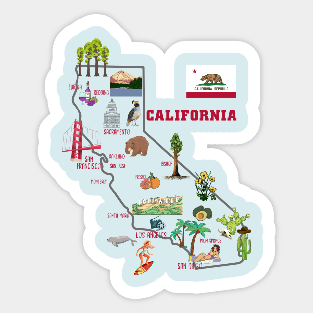 California Tourist Map With Landmarks And Famous Symbols USA United california-tourist-map-with-landmarks-and-famous-symbols-usa-united